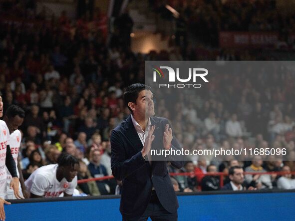 Head Coach Herman Mandole of Openjobmetis Varese participates in the LBA Italy Championship match between Openjobmetis Varese and Trapani Sh...