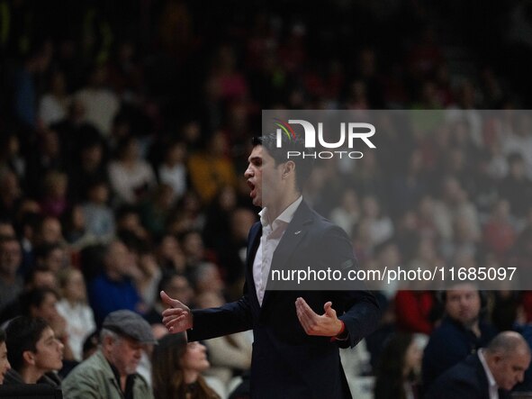 Head Coach Herman Mandole of Openjobmetis Varese participates in the LBA Italy Championship match between Openjobmetis Varese and Trapani Sh...