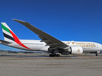 A Boeing 777-21H(LR) of Emirates begins the run for takeoff at Barcelona El Prat Airport in Barcelona, Spain, on October 8, 2024. (