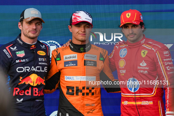 Max Verstappen, Lando Norris, and Carlos Sainz Jr. participate in the qualifying for the Formula 1 Pirelli United States Grand Prix 2024 in...