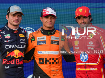 Max Verstappen, Lando Norris, and Carlos Sainz Jr. participate in the qualifying for the Formula 1 Pirelli United States Grand Prix 2024 in...