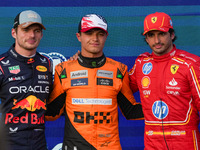 Max Verstappen, Lando Norris, and Carlos Sainz Jr. participate in the qualifying for the Formula 1 Pirelli United States Grand Prix 2024 in...