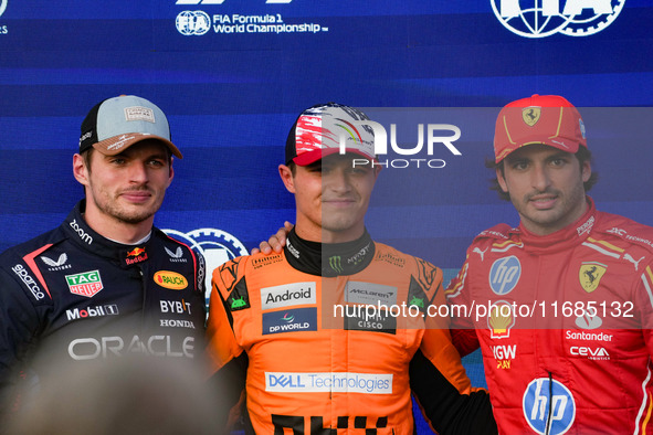 Max Verstappen, Lando Norris, and Carlos Sainz Jr. participate in the qualifying for the Formula 1 Pirelli United States Grand Prix 2024 in...