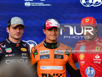 Max Verstappen, Lando Norris, and Carlos Sainz Jr. participate in the qualifying for the Formula 1 Pirelli United States Grand Prix 2024 in...