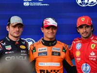 Max Verstappen, Lando Norris, and Carlos Sainz Jr. participate in the qualifying for the Formula 1 Pirelli United States Grand Prix 2024 in...