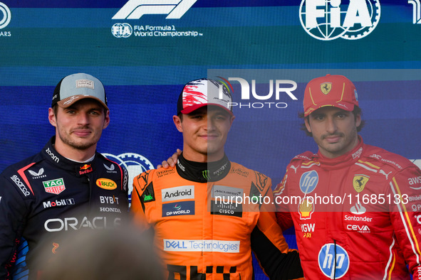 Max Verstappen, Lando Norris, and Carlos Sainz Jr. participate in the qualifying for the Formula 1 Pirelli United States Grand Prix 2024 in...