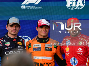 Max Verstappen, Lando Norris, and Carlos Sainz Jr. participate in the qualifying for the Formula 1 Pirelli United States Grand Prix 2024 in...