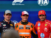 Max Verstappen, Lando Norris, and Carlos Sainz Jr. participate in the qualifying for the Formula 1 Pirelli United States Grand Prix 2024 in...