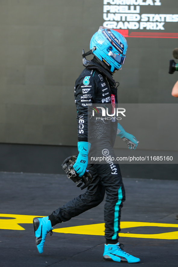 George Russell of the UK drives the (63) Mercedes-AMG Petronas F1 Team F1 W15 E Performance Mercedes during the qualifying for the Formula 1...