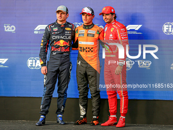 Max Verstappen, Lando Norris, and Carlos Sainz Jr. participate in the qualifying for the Formula 1 Pirelli United States Grand Prix 2024 in...