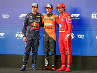 Max Verstappen, Lando Norris, and Carlos Sainz Jr. participate in the qualifying for the Formula 1 Pirelli United States Grand Prix 2024 in...