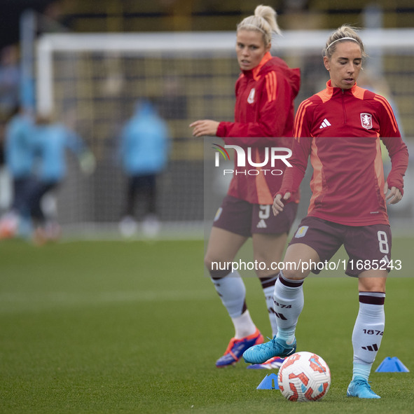 Jordan Nobbs #8 of Aston Villa W.F.C participates in the pre-match warm-up during the Barclays FA Women's Super League match between Manches...