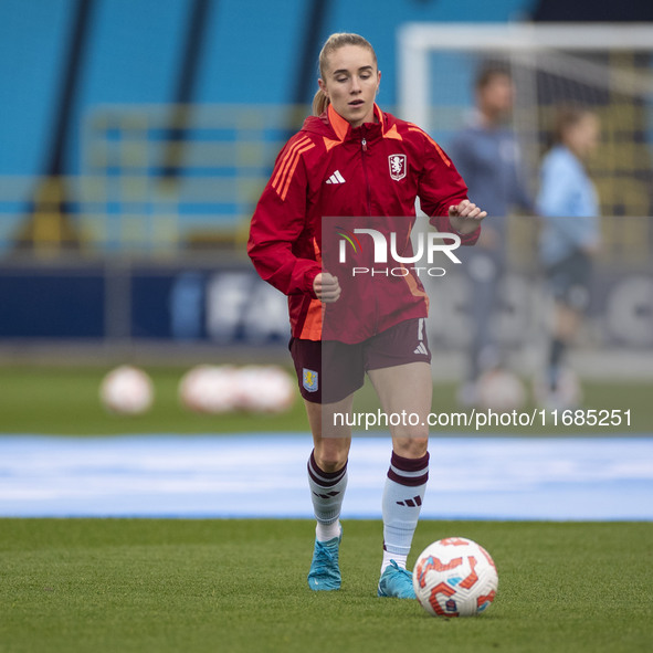 Missy Bo Kearns #7 of Aston Villa W.F.C participates in the pre-match warm-up during the Barclays FA Women's Super League match between Manc...