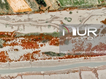 A photo taken on October 20, 2024, shows various patterns left on the beach after the ebb tide at the Yanghe Estuary wetland in Jiaozhou Bay...