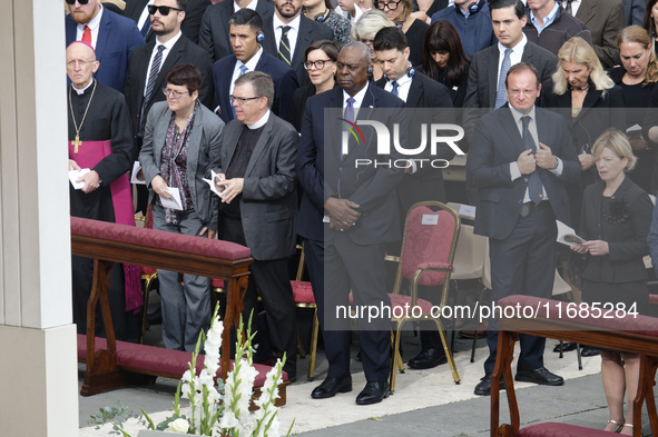 US Secretary of Defense Lloyd Austin (C) attends the Holy Mass and canonization of 14 saints and martyrs from Damascus at Saint Peter's Squa...