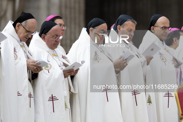 Bishops and Cardinals attend the Holy Mass and canonization of 14 saints and martyrs from Damascus, at Saint Peter's Square in the Vatican,...