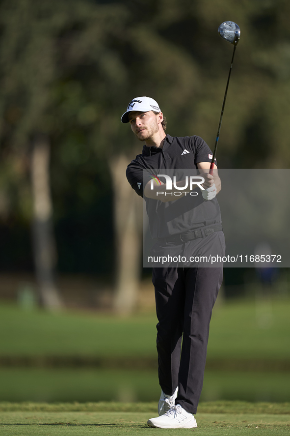 Rasmus Hojgaard of Denmark tees off on the 2nd hole on the fourth day of the Estrella Damm N.A. Andalucia Masters 2024 at Real Club de Golf...