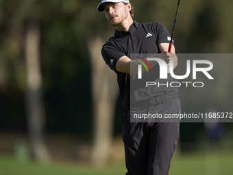 Rasmus Hojgaard of Denmark tees off on the 2nd hole on the fourth day of the Estrella Damm N.A. Andalucia Masters 2024 at Real Club de Golf...