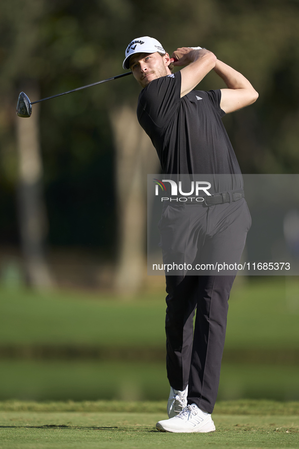 Rasmus Hojgaard of Denmark tees off on the 2nd hole on the fourth day of the Estrella Damm N.A. Andalucia Masters 2024 at Real Club de Golf...