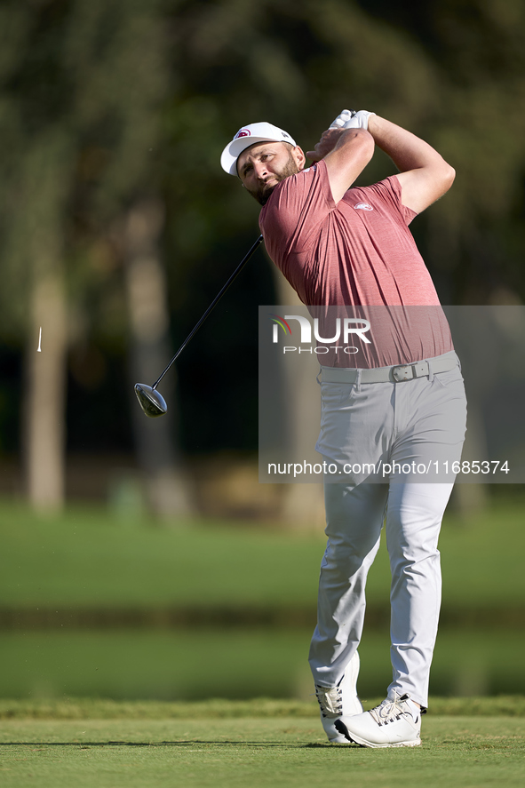 Jon Rahm of Spain tees off on the 2nd hole on the fourth day of the Estrella Damm N.A. Andalucia Masters 2024 at Real Club de Golf Sotogrand...