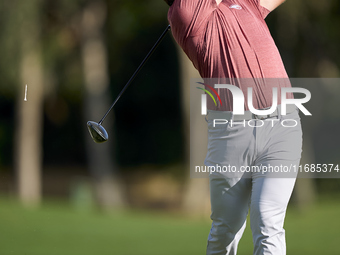 Jon Rahm of Spain tees off on the 2nd hole on the fourth day of the Estrella Damm N.A. Andalucia Masters 2024 at Real Club de Golf Sotogrand...