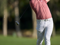 Jon Rahm of Spain tees off on the 2nd hole on the fourth day of the Estrella Damm N.A. Andalucia Masters 2024 at Real Club de Golf Sotogrand...