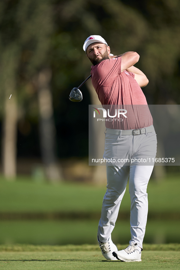 Jon Rahm of Spain tees off on the 2nd hole on the fourth day of the Estrella Damm N.A. Andalucia Masters 2024 at Real Club de Golf Sotogrand...