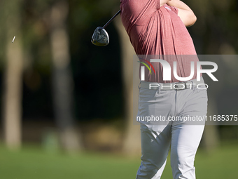 Jon Rahm of Spain tees off on the 2nd hole on the fourth day of the Estrella Damm N.A. Andalucia Masters 2024 at Real Club de Golf Sotogrand...