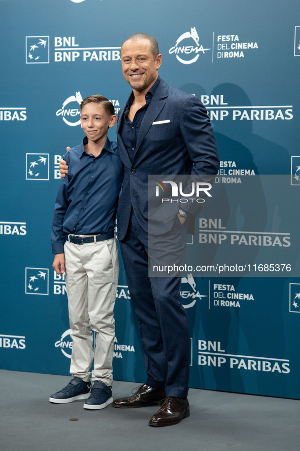 Christian Cervone and Stefano Accorsi attend the ''Il Treno Dei Bambini'' photocall during the 19th Rome Film Festival at Auditorium Parco D...