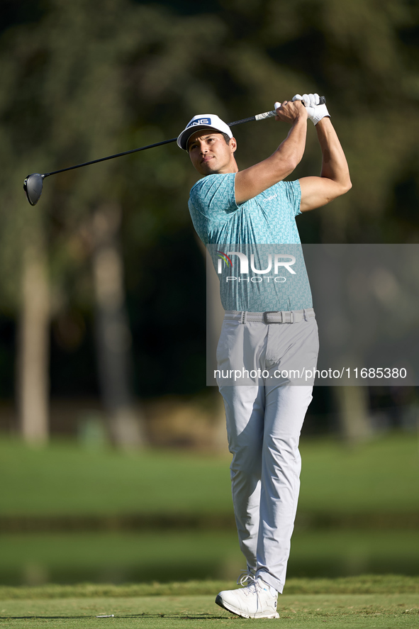 In San Roque, Spain, on October 12, 2024, Johannes Veerman of the USA tees off on the 2nd hole on the fourth day of the Estrella Damm N.A. A...