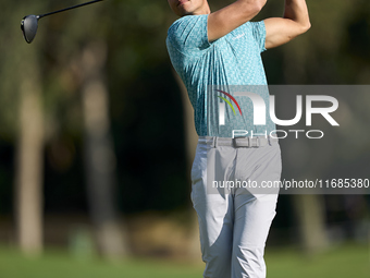 In San Roque, Spain, on October 12, 2024, Johannes Veerman of the USA tees off on the 2nd hole on the fourth day of the Estrella Damm N.A. A...