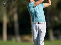 In San Roque, Spain, on October 12, 2024, Johannes Veerman of the USA tees off on the 2nd hole on the fourth day of the Estrella Damm N.A. A...