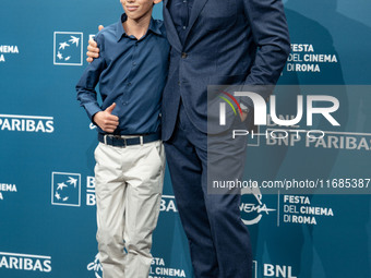 Christian Cervone and Stefano Accorsi attend the ''Il Treno Dei Bambini'' photocall during the 19th Rome Film Festival at Auditorium Parco D...