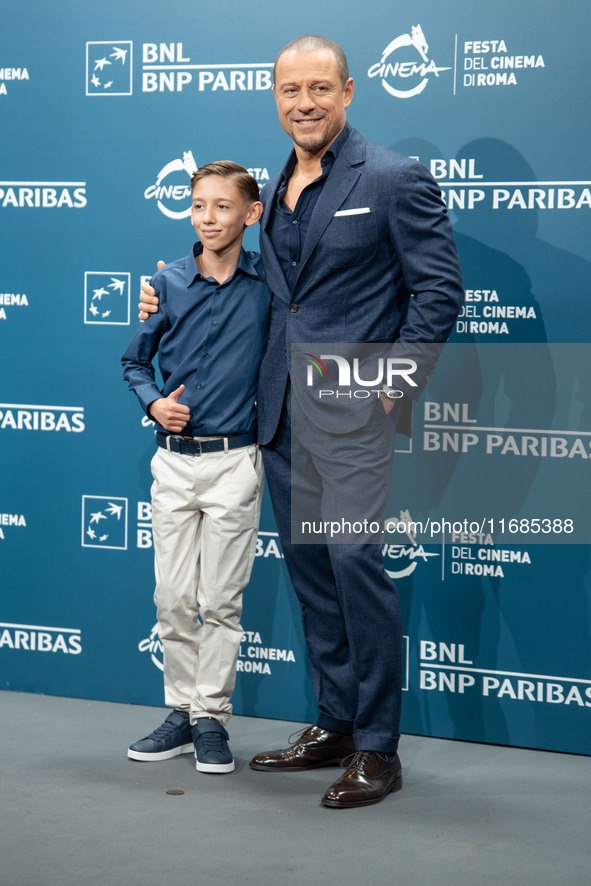 Christian Cervone and Stefano Accorsi attend the ''Il Treno Dei Bambini'' photocall during the 19th Rome Film Festival at Auditorium Parco D...