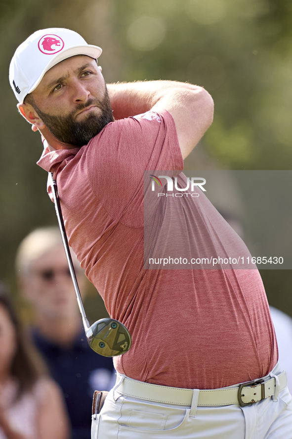 Jon Rahm of Spain tees off on the 5th hole on the fourth day of the Estrella Damm N.A. Andalucia Masters 2024 at Real Club de Golf Sotogrand...