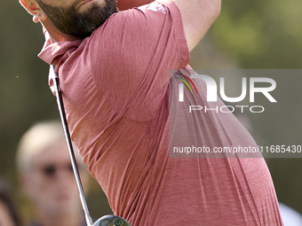 Jon Rahm of Spain tees off on the 5th hole on the fourth day of the Estrella Damm N.A. Andalucia Masters 2024 at Real Club de Golf Sotogrand...