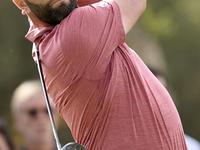 Jon Rahm of Spain tees off on the 5th hole on the fourth day of the Estrella Damm N.A. Andalucia Masters 2024 at Real Club de Golf Sotogrand...