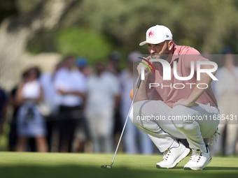 Jon Rahm of Spain studies his shot on the 4th green on the fourth day of the Estrella Damm N.A. Andalucia Masters 2024 at Real Club de Golf...