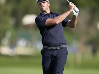 In San Roque, Spain, on October 12, 2024, Julien Guerrier of France plays his second shot on the 2nd hole on the fourth day of the Estrella...