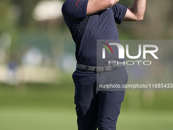 In San Roque, Spain, on October 12, 2024, Julien Guerrier of France plays his second shot on the 2nd hole on the fourth day of the Estrella...