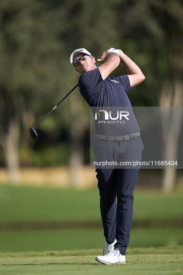 Julien Guerrier of France tees off on the 2nd hole on the fourth day of the Estrella Damm N.A. Andalucia Masters 2024 at Real Club de Golf S...