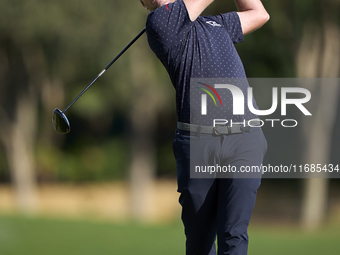 Julien Guerrier of France tees off on the 2nd hole on the fourth day of the Estrella Damm N.A. Andalucia Masters 2024 at Real Club de Golf S...