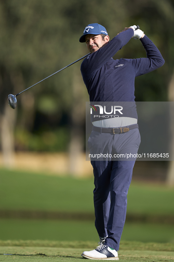 Jorge Campillo of Spain tees off on the 2nd hole on the fourth day of the Estrella Damm N.A. Andalucia Masters 2024 at Real Club de Golf Sot...