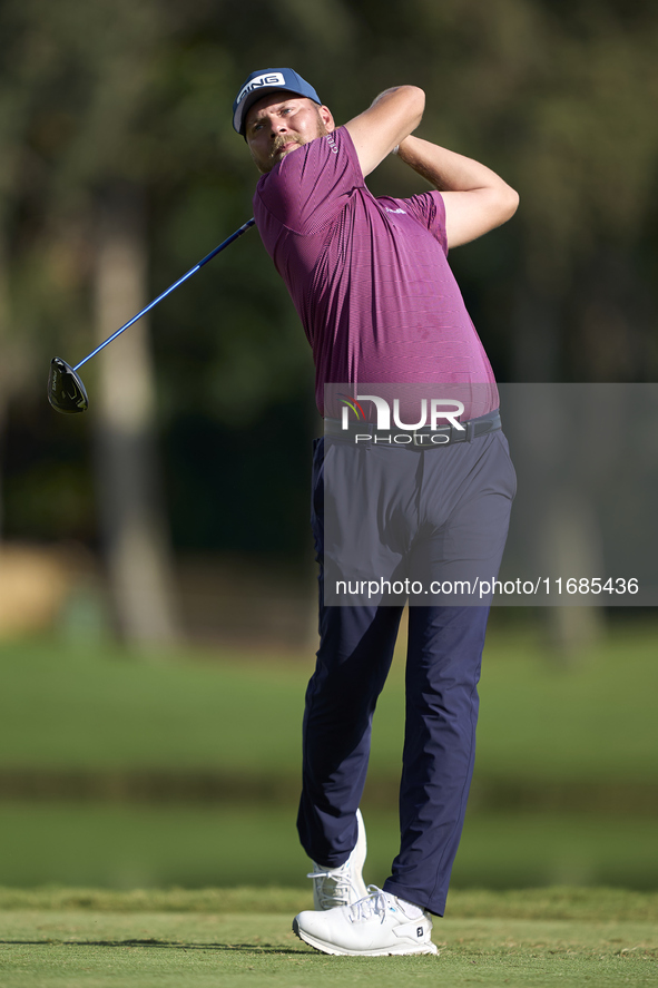 Daniel Brown of England tees off on the 2nd hole on the fourth day of the Estrella Damm N.A. Andalucia Masters 2024 at Real Club de Golf Sot...