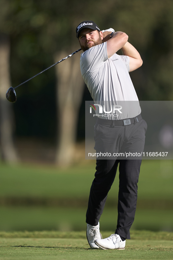 Jordan Smith of England tees off on the 2nd hole on the fourth day of the Estrella Damm N.A. Andalucia Masters 2024 at Real Club de Golf Sot...