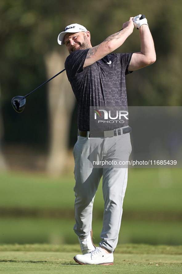 Andy Sullivan of England tees off on the 2nd hole on the fourth day of the Estrella Damm N.A. Andalucia Masters 2024 at Real Club de Golf So...