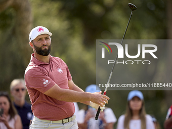 Jon Rahm of Spain tees off on the 5th hole on the fourth day of the Estrella Damm N.A. Andalucia Masters 2024 at Real Club de Golf Sotogrand...