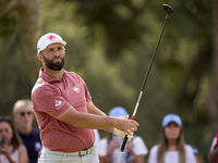 Jon Rahm of Spain tees off on the 5th hole on the fourth day of the Estrella Damm N.A. Andalucia Masters 2024 at Real Club de Golf Sotogrand...