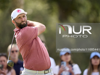 Jon Rahm of Spain tees off on the 5th hole on the fourth day of the Estrella Damm N.A. Andalucia Masters 2024 at Real Club de Golf Sotogrand...