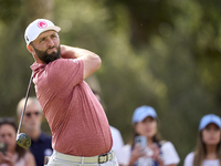 Jon Rahm of Spain tees off on the 5th hole on the fourth day of the Estrella Damm N.A. Andalucia Masters 2024 at Real Club de Golf Sotogrand...